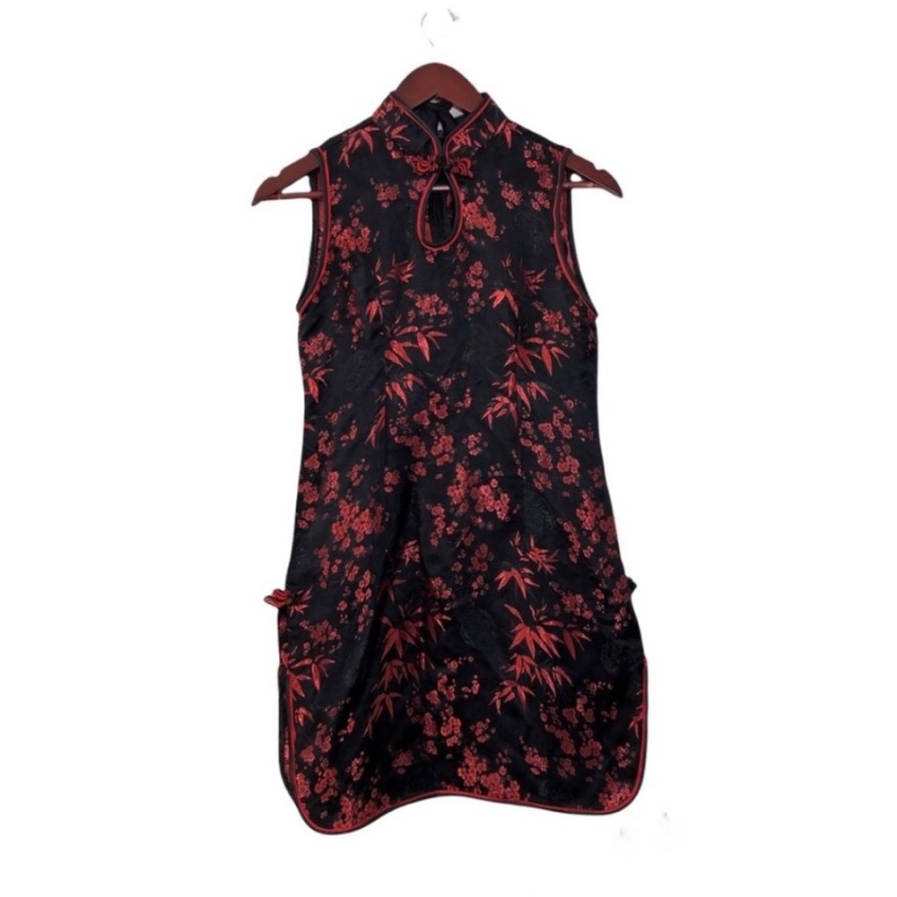 Black Red Satin Asian Style Short Sleeve Dress